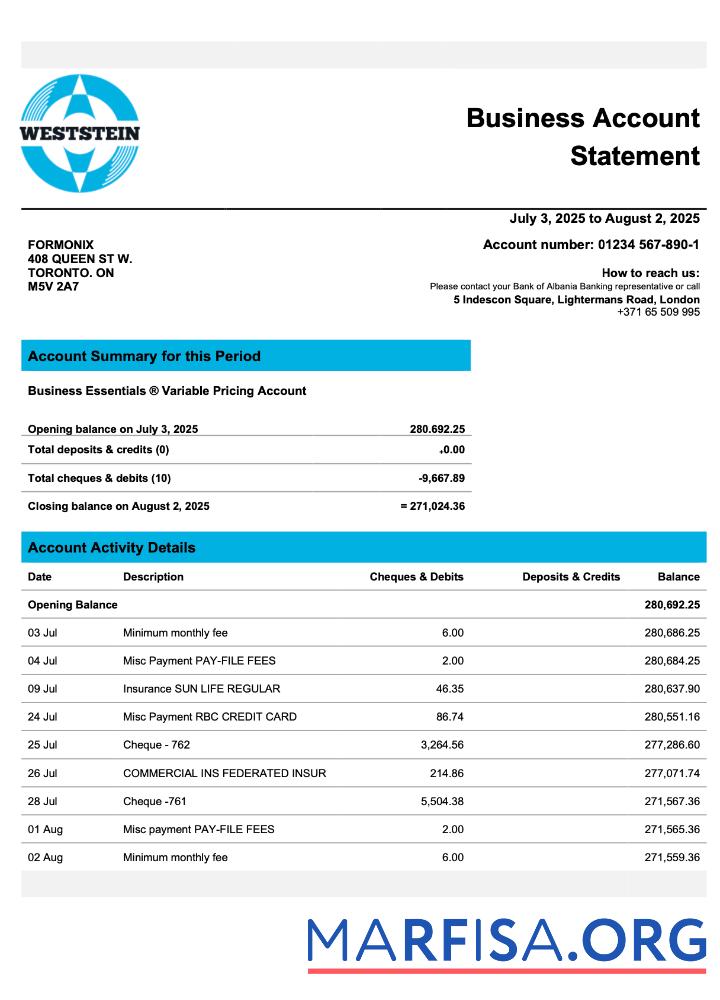 Blank United Kingdom WestStein organization checking account statement Word and PDF template
